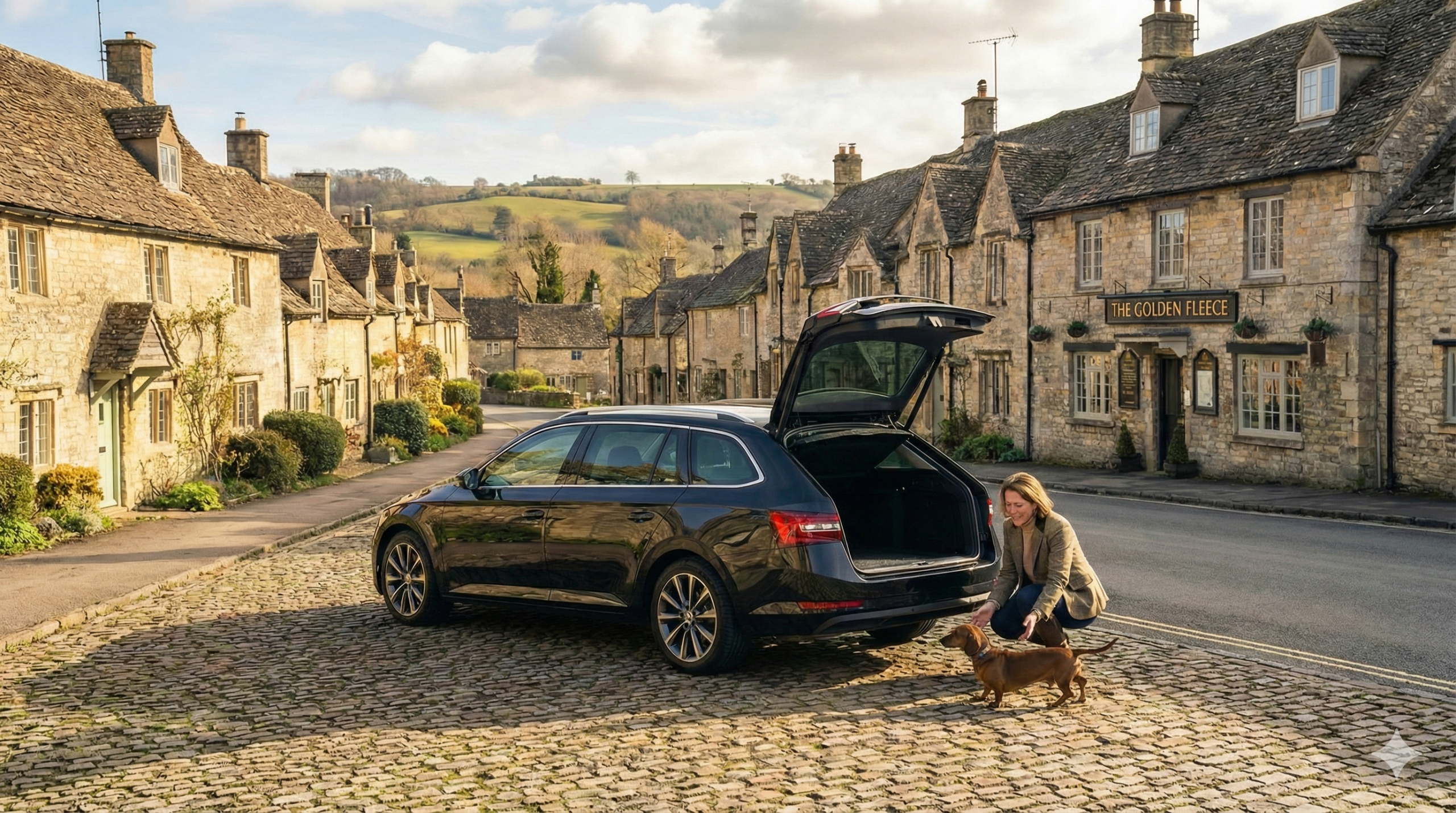 A dog-friendly taxi from Excelsior parked on a cobblestone street in a Cotswolds village, with the boot open for a passengers dog.