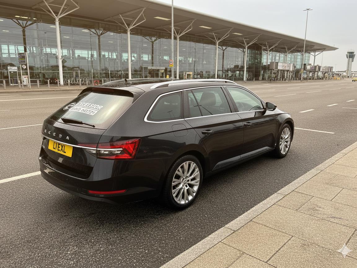 Excelsior Taxis estate car parked at the Bristol Airport drop-off point, providing reliable airport transfers with plenty of room for luggage.