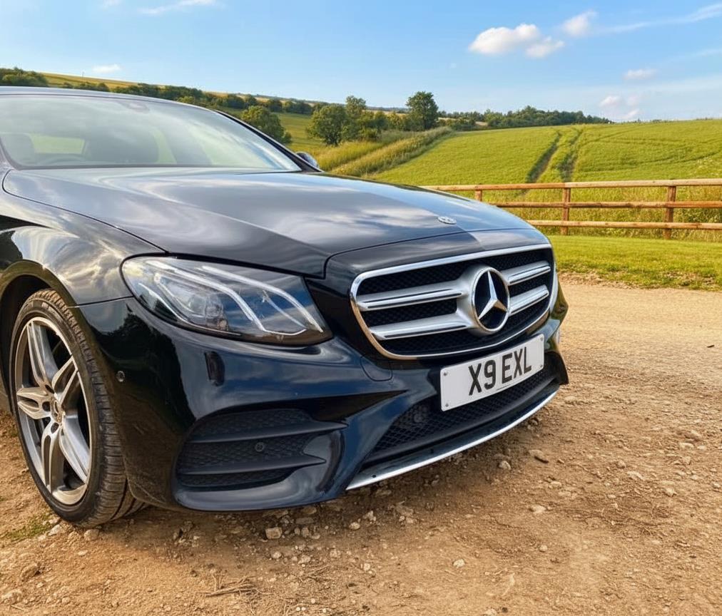 Mercedes E-Class registration X9 EXL, providing a Charlbury taxi service. The taxi is parked outside Charlbury village.