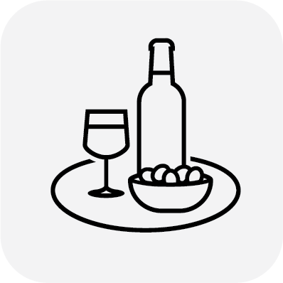 A wine and crisps icon representing food and drinks at a local pub